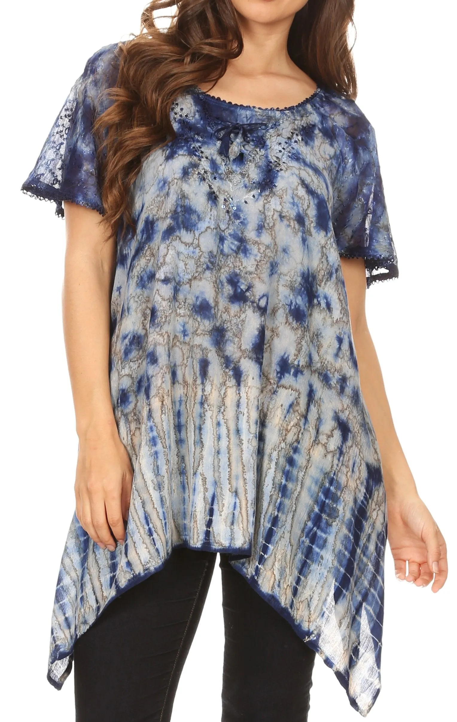 Sakkas Elba Womens Short Sleeves Handkerchief Hem Blouse Top Tie-dye with Sequin