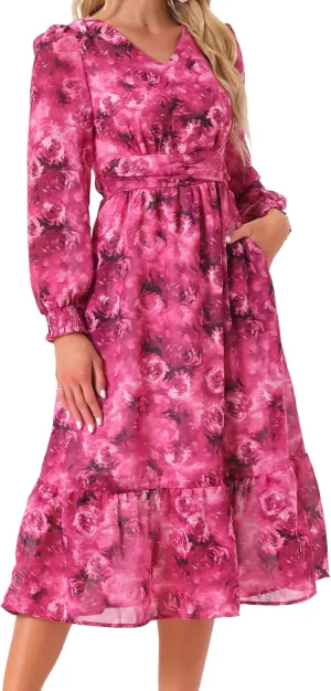 Seta T Women's Long Sleeve Floral Dresses V Neck Boho Ruffle Tiered Flowy Chiffon Midi Dress with Pocket