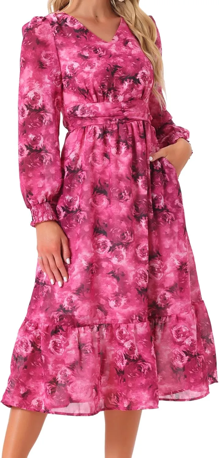 Seta T Women's Long Sleeve Floral Dresses V Neck Boho Ruffle Tiered Flowy Chiffon Midi Dress with Pocket