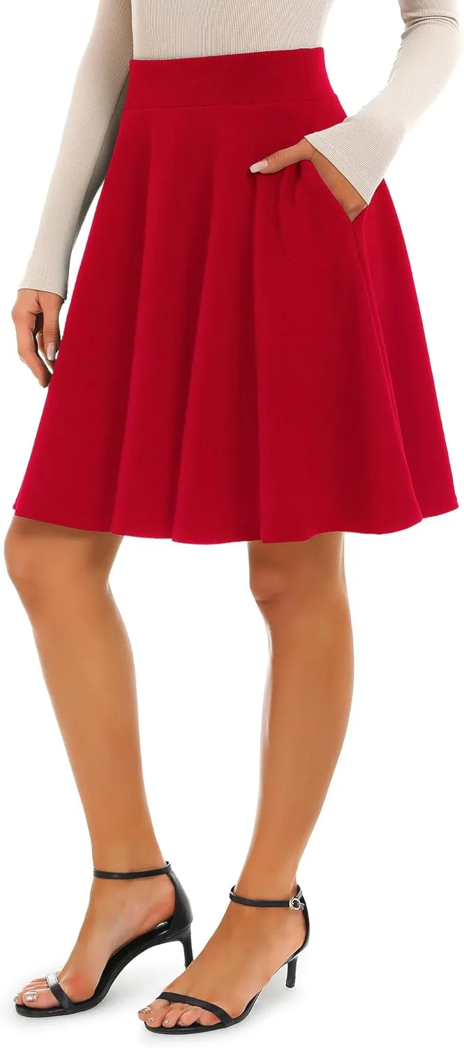 Stelle Women's 20" Knee Length Skirts with Pockets Casual Basic Midi Skirt Stretchy A-Line Skater Flared Pleated