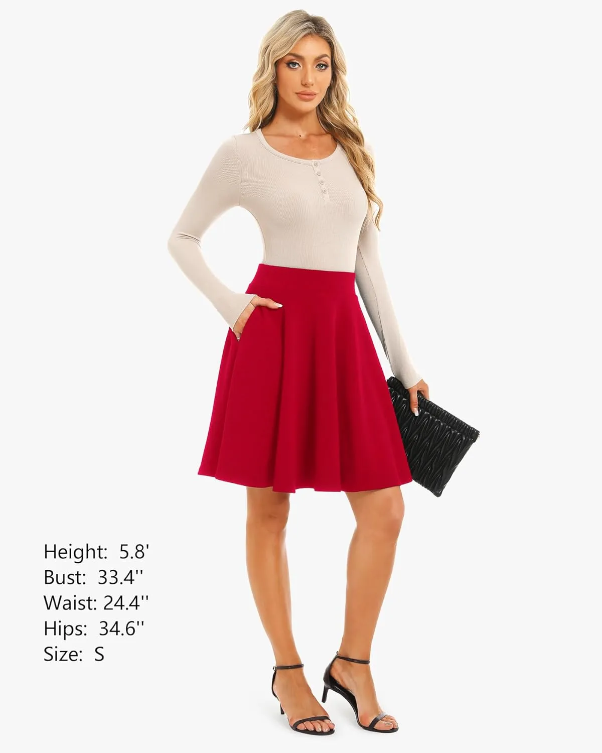 Stelle Women's 20" Knee Length Skirts with Pockets Casual Basic Midi Skirt Stretchy A-Line Skater Flared Pleated