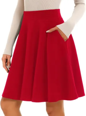 Stelle Women's 20" Knee Length Skirts with Pockets Casual Basic Midi Skirt Stretchy A-Line Skater Flared Pleated