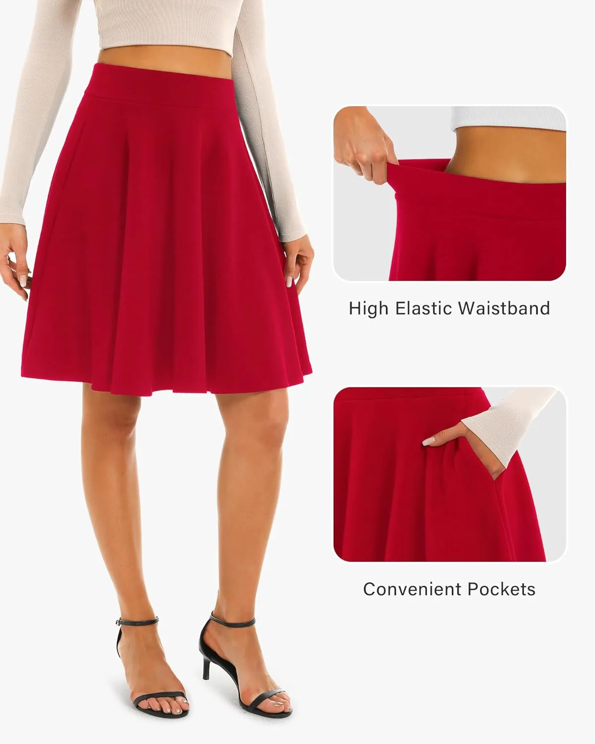Stelle Women's 20" Knee Length Skirts with Pockets Casual Basic Midi Skirt Stretchy A-Line Skater Flared Pleated