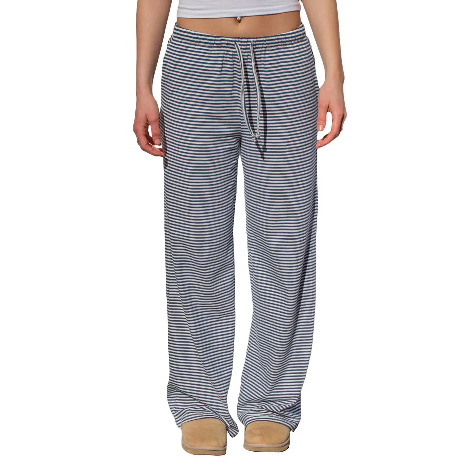 Stripe/Zebra Leopard Drawstring Elastic Waist Spring Summer Sweat Wide-Leg Pants
