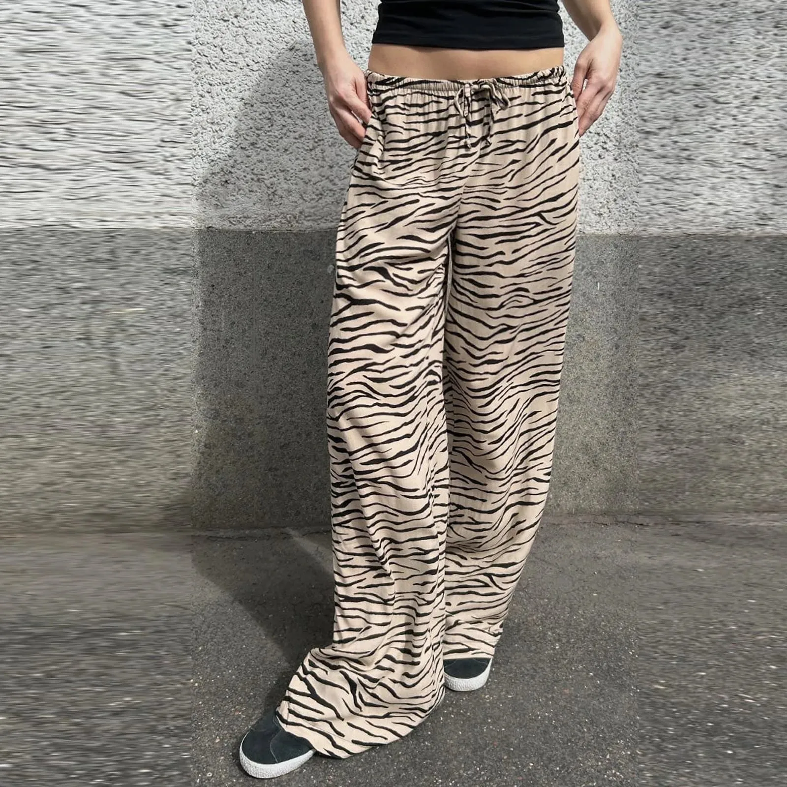 Stripe/Zebra Leopard Drawstring Elastic Waist Spring Summer Sweat Wide-Leg Pants