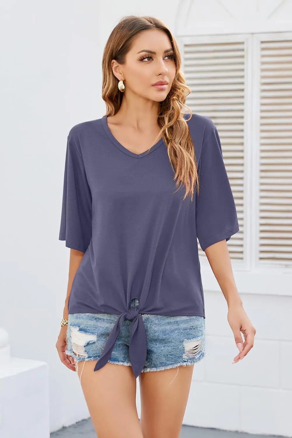 SUEANI Women's Tie Front Tops Summer V Neck 3/4 Bell Sleeve Twist Knot T Shirts