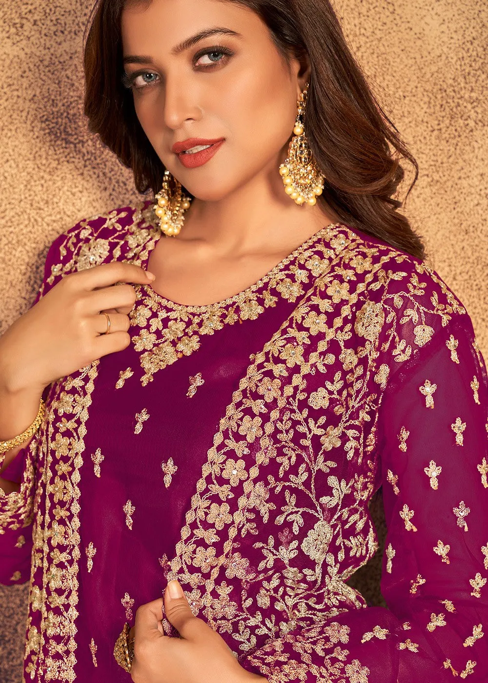 Trendy Magenta Satin Net Suit with Heavy Jacket