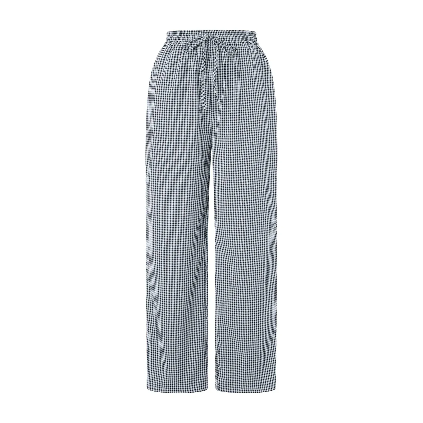 Wide Leg Loose Elastic Waist Plaid Pockets Daily Office Casual Pants