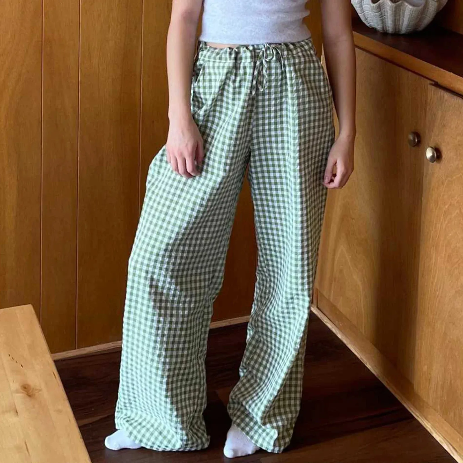 Wide Leg Loose Elastic Waist Plaid Pockets Daily Office Casual Pants