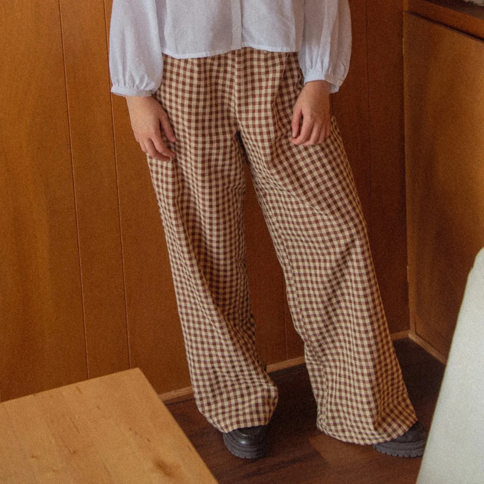 Wide Leg Loose Elastic Waist Plaid Pockets Daily Office Casual Pants