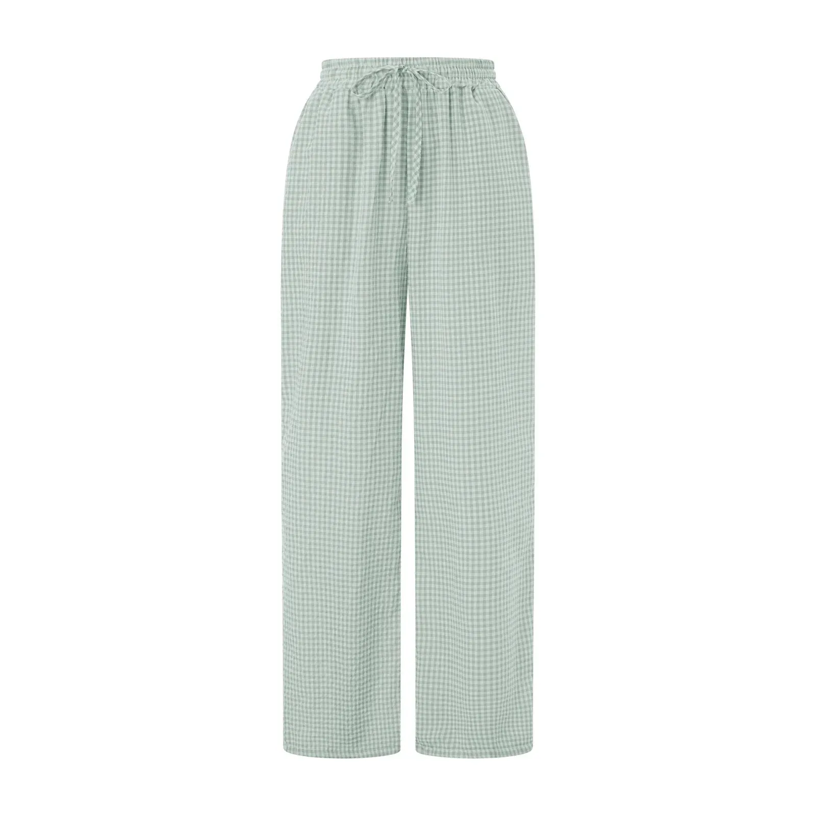 Wide Leg Loose Elastic Waist Plaid Pockets Daily Office Casual Pants