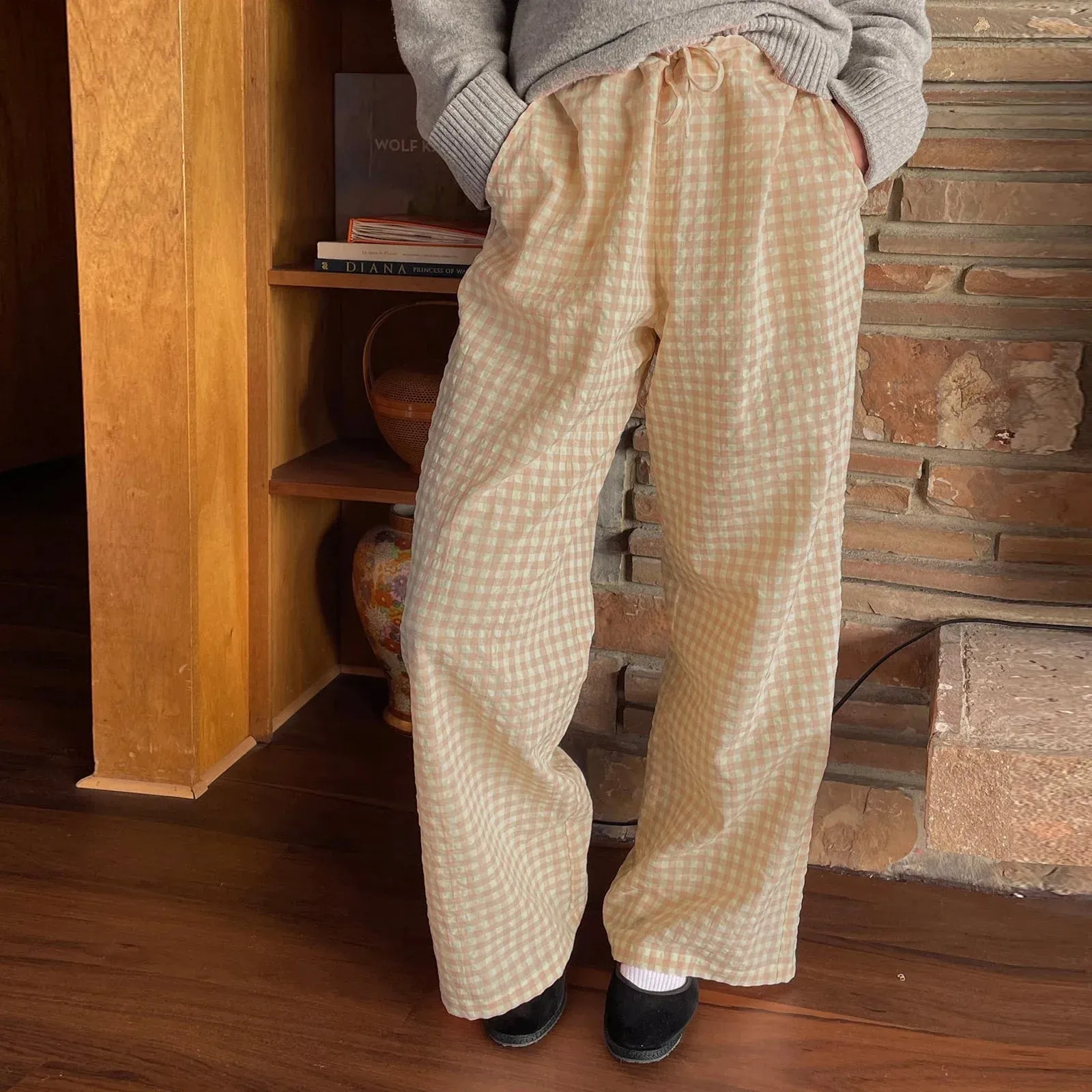 Wide Leg Loose Elastic Waist Plaid Pockets Daily Office Casual Pants