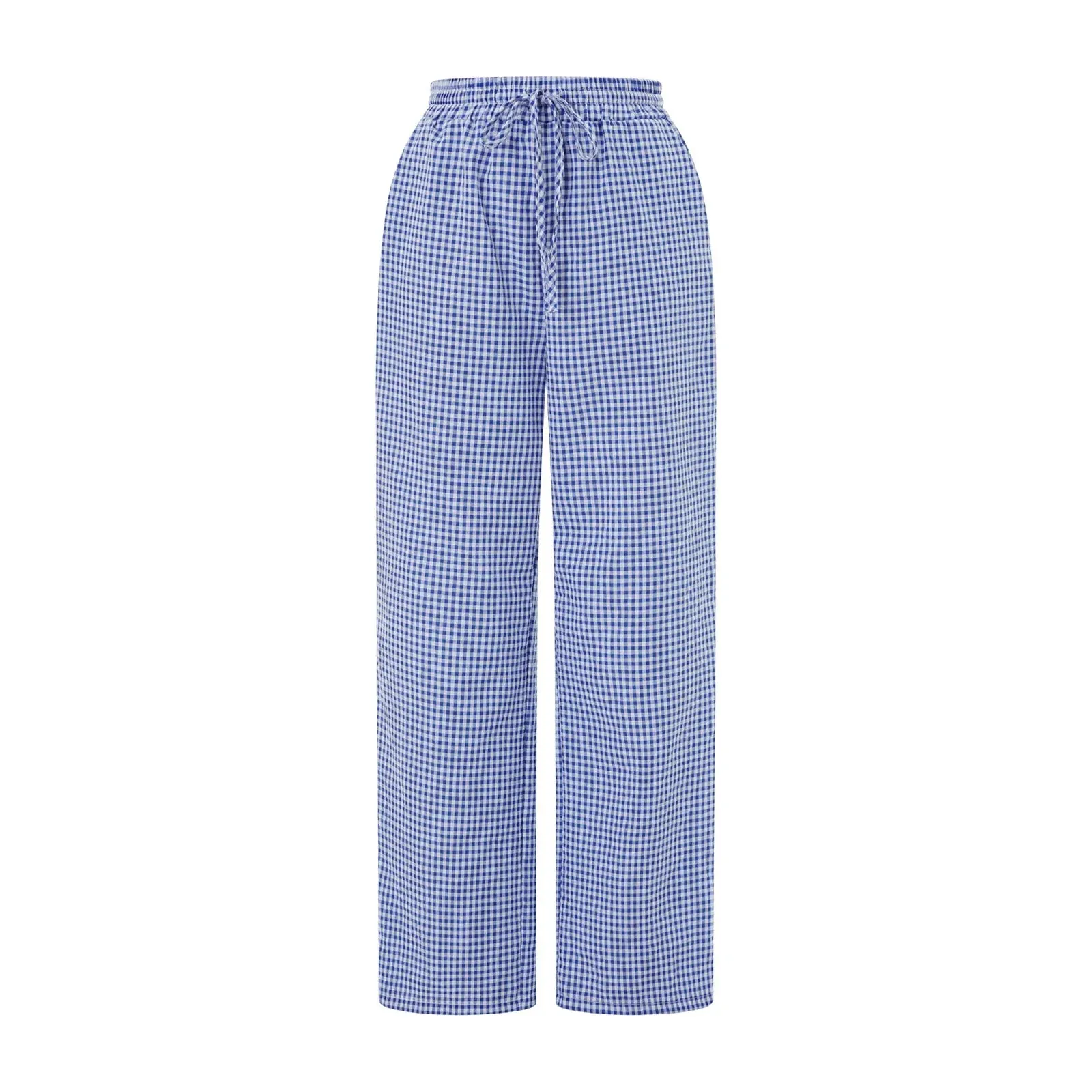 Wide Leg Loose Elastic Waist Plaid Pockets Daily Office Casual Pants