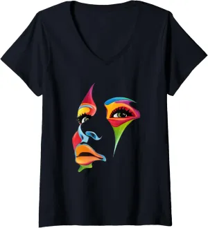Womens Abstract Colorful Woman Art Face V-Neck T-Shirt