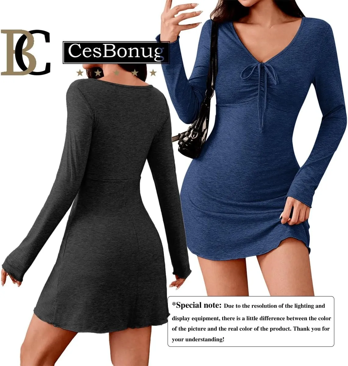 Women's Autumn and Winter New Long Sleeve V-Neck Slim Fit Bodycon Short Dress Slip