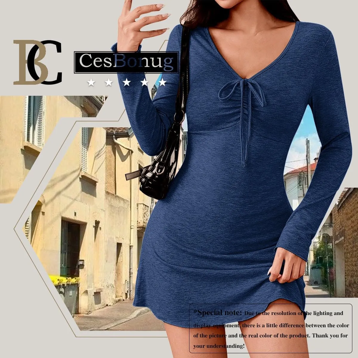 Women's Autumn and Winter New Long Sleeve V-Neck Slim Fit Bodycon Short Dress Slip