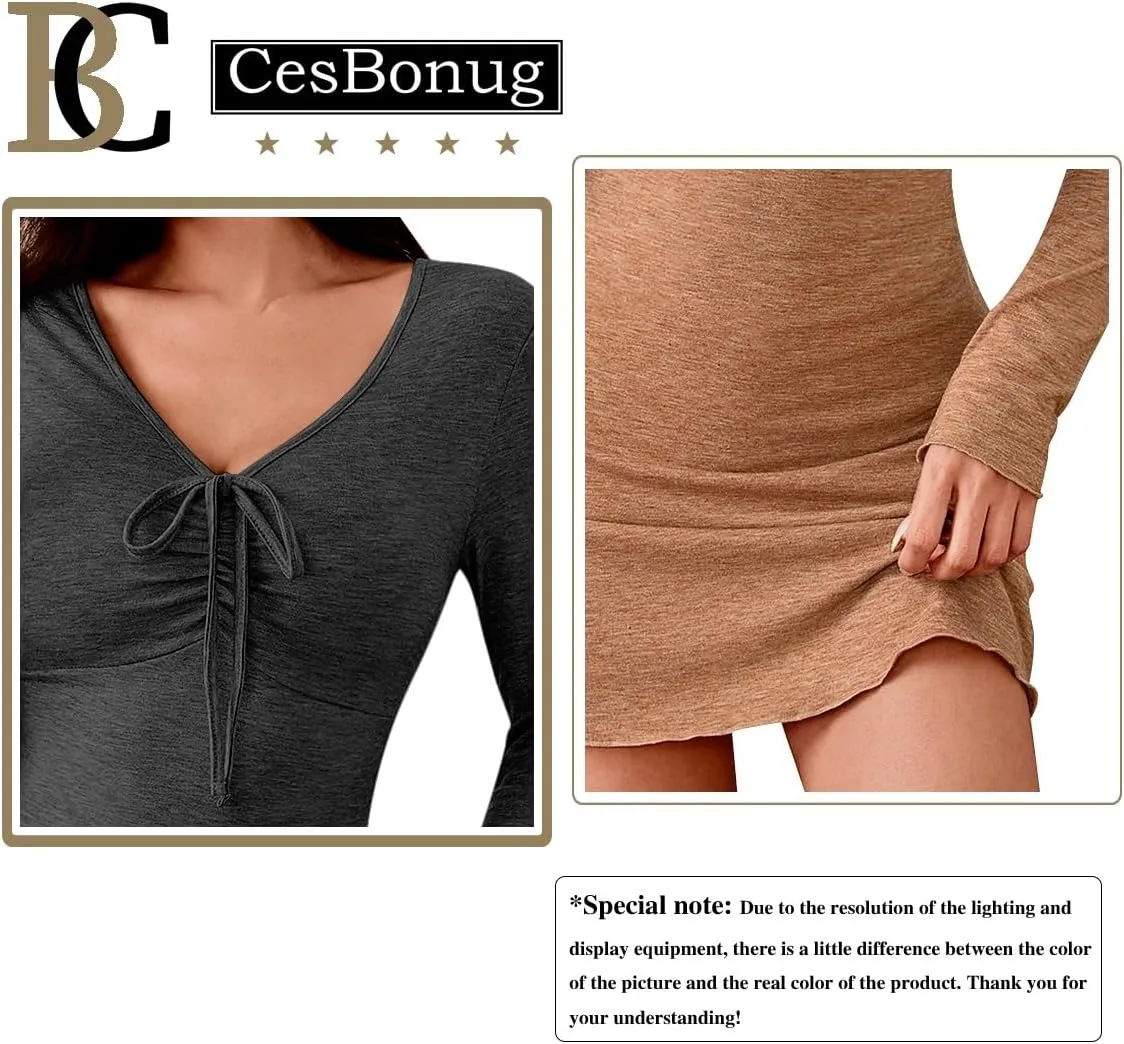 Women's Autumn and Winter New Long Sleeve V-Neck Slim Fit Bodycon Short Dress Slip