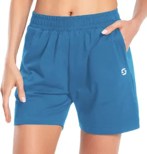 Women's Cotton Shorts 5" Sweat Bermuda Pull on Shorts with Deep Pockets for Lounge Gym Yoga Walking Athletic