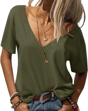 Womens Deep V Neck T Shirts Casual Short Sleeve Loose Fit Basic Fashion Tee Tops