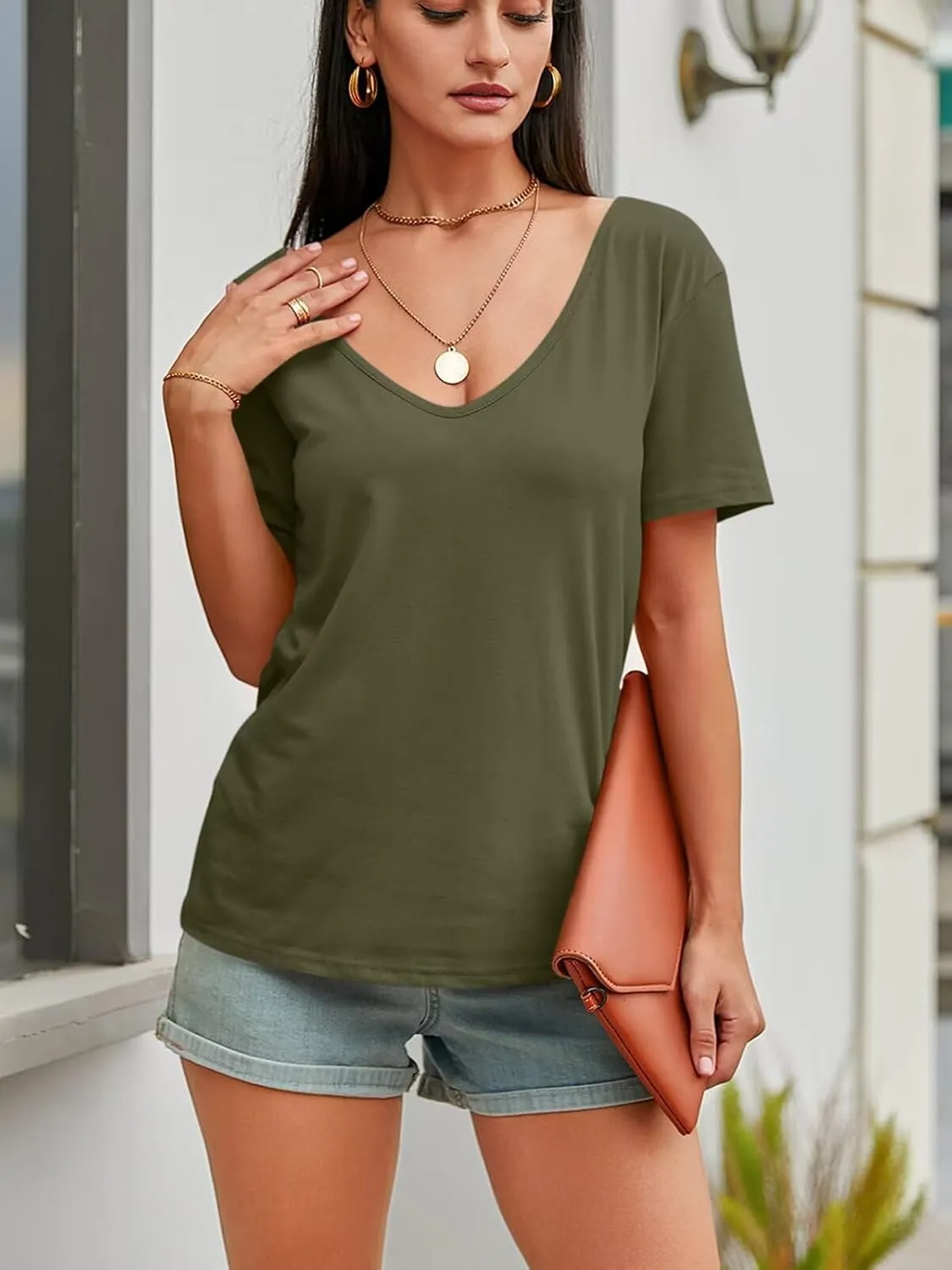 Womens Deep V Neck T Shirts Casual Short Sleeve Loose Fit Basic Fashion Tee Tops