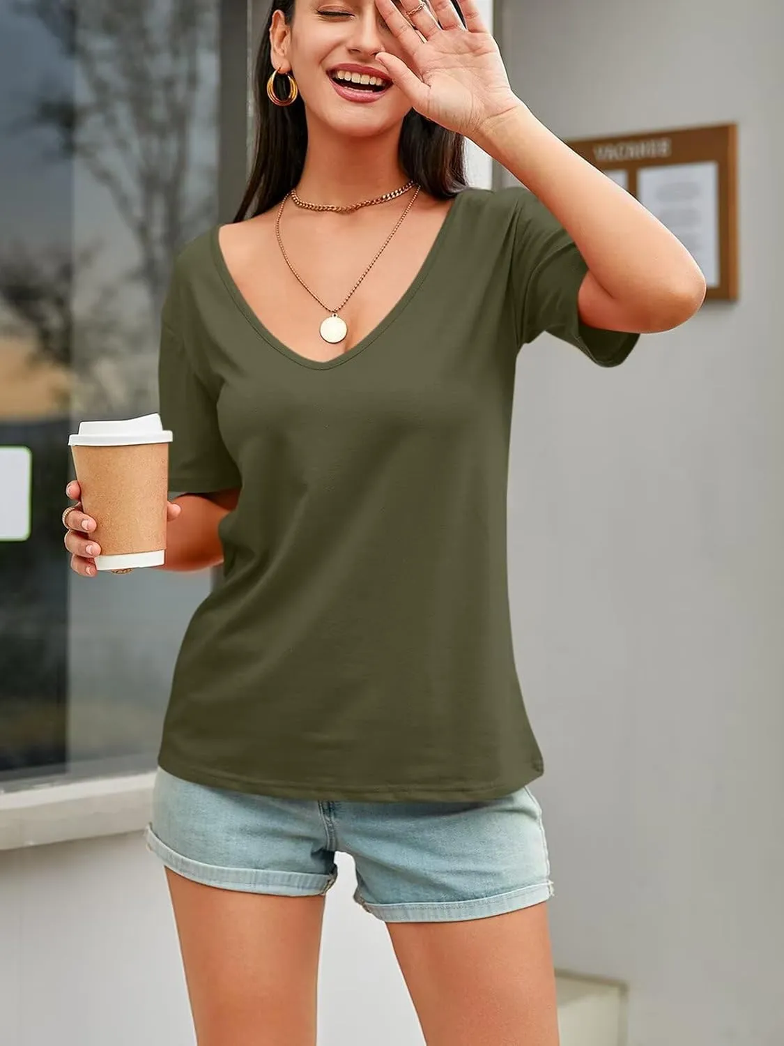 Womens Deep V Neck T Shirts Casual Short Sleeve Loose Fit Basic Fashion Tee Tops