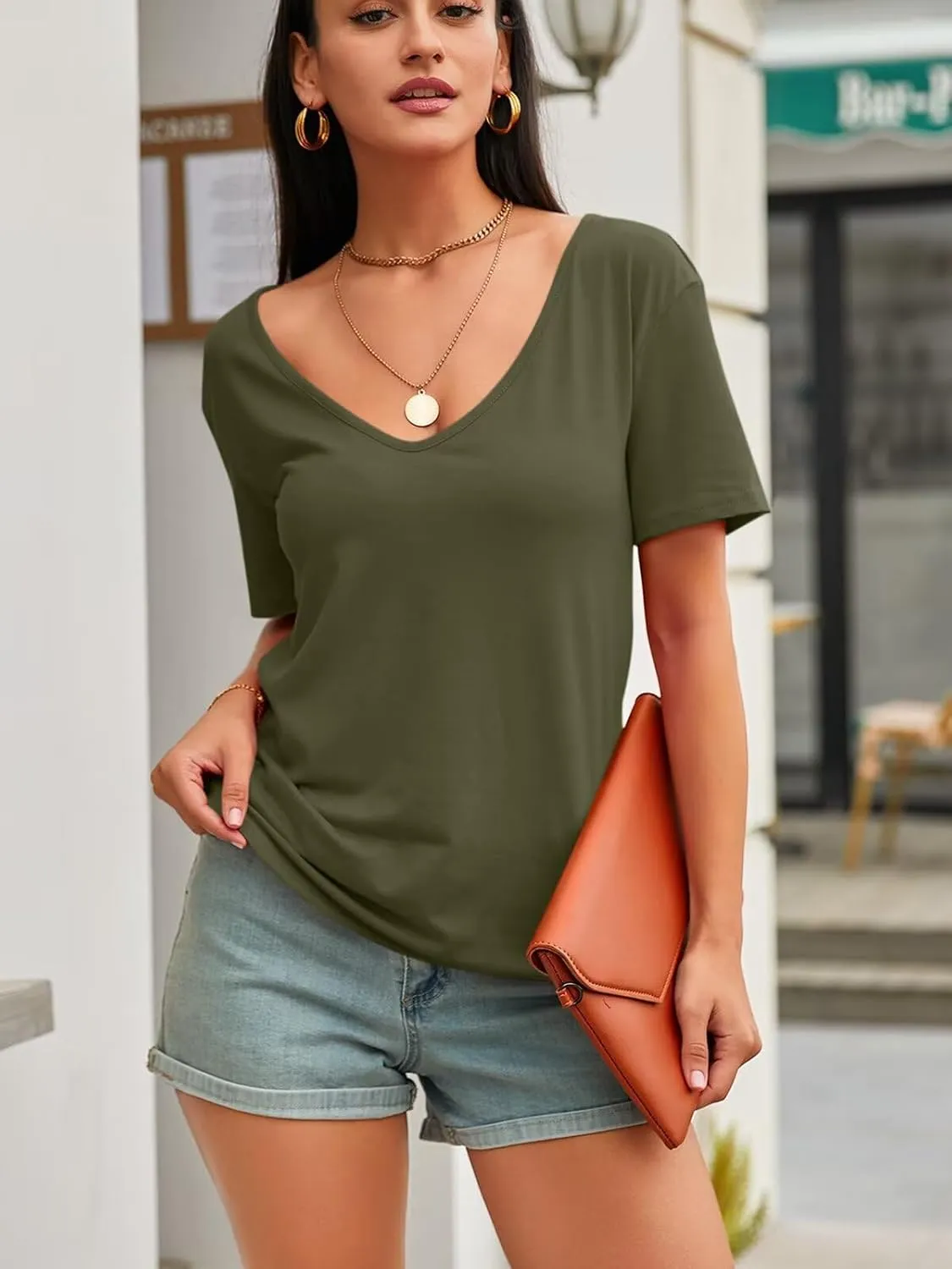 Womens Deep V Neck T Shirts Casual Short Sleeve Loose Fit Basic Fashion Tee Tops
