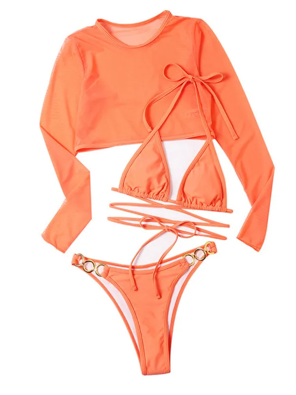 Women's swimsuit long-sleeved mesh jacket three-piece swimsuit solid color sexy bikini