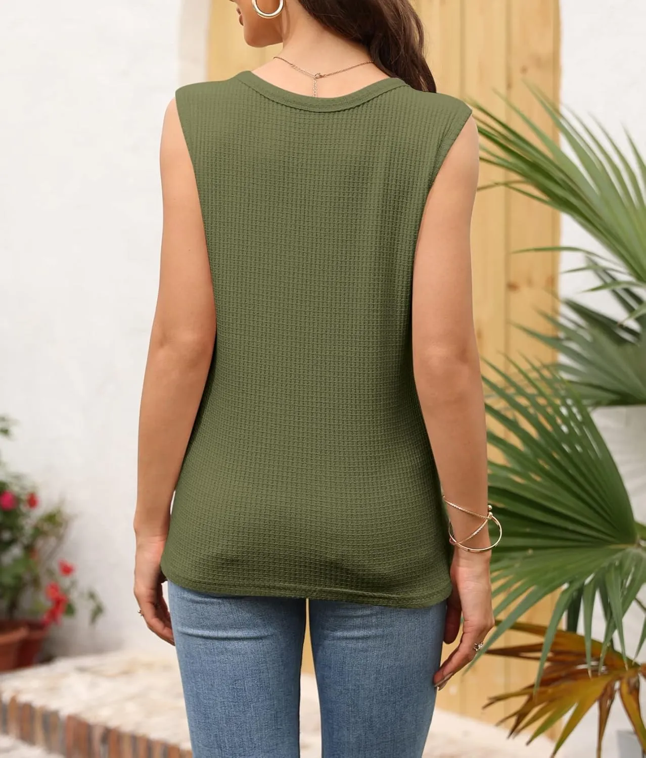 Womens Tank Tops V Neck Waffle Knit Summer Casual Sleeveless Loose Tee Shirts