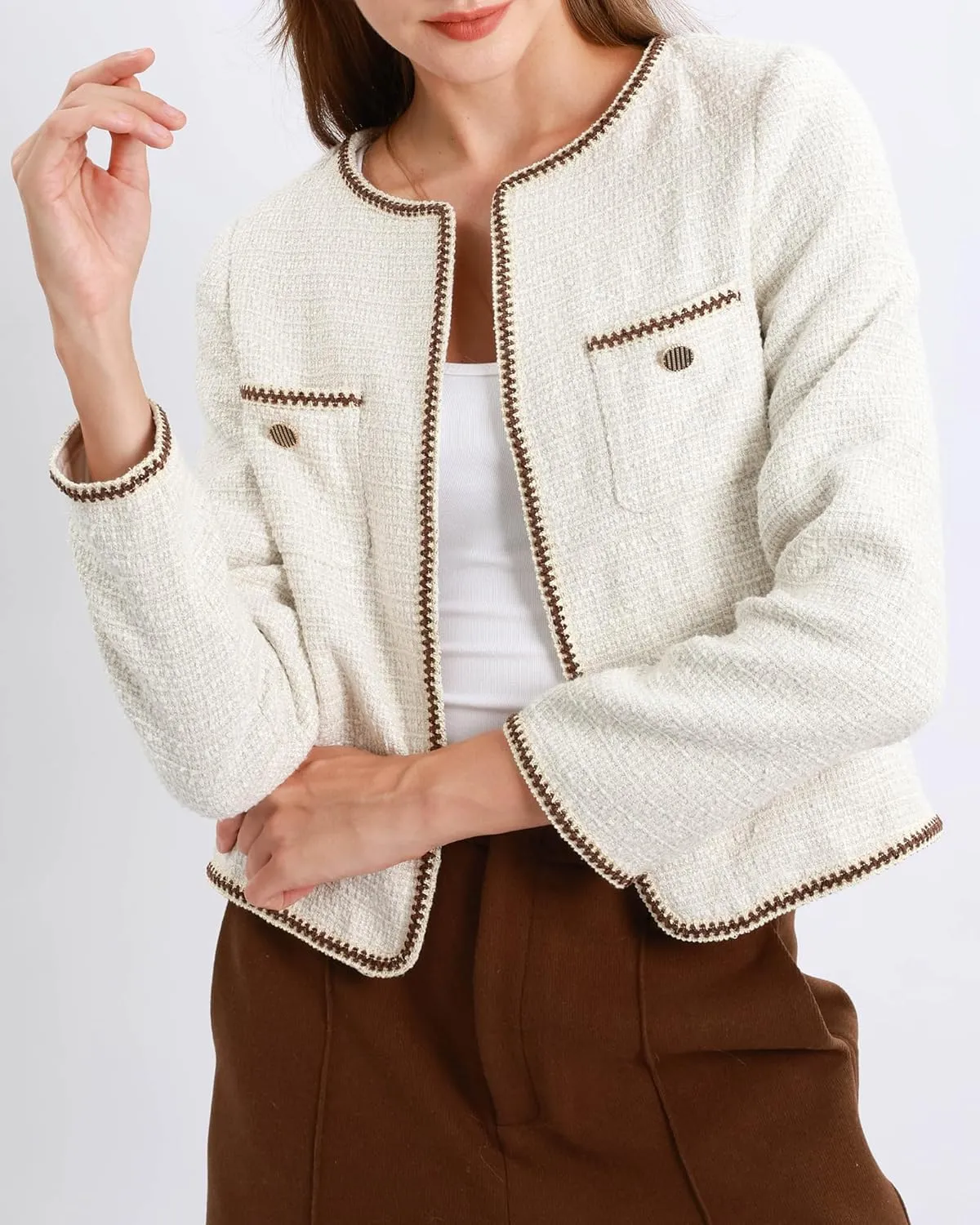 Xintianji Womens Open Front Cropped Blazer Jacket - Uncollared Sparkling Yarn Pockets Long Sleeve Business Casual Blazer