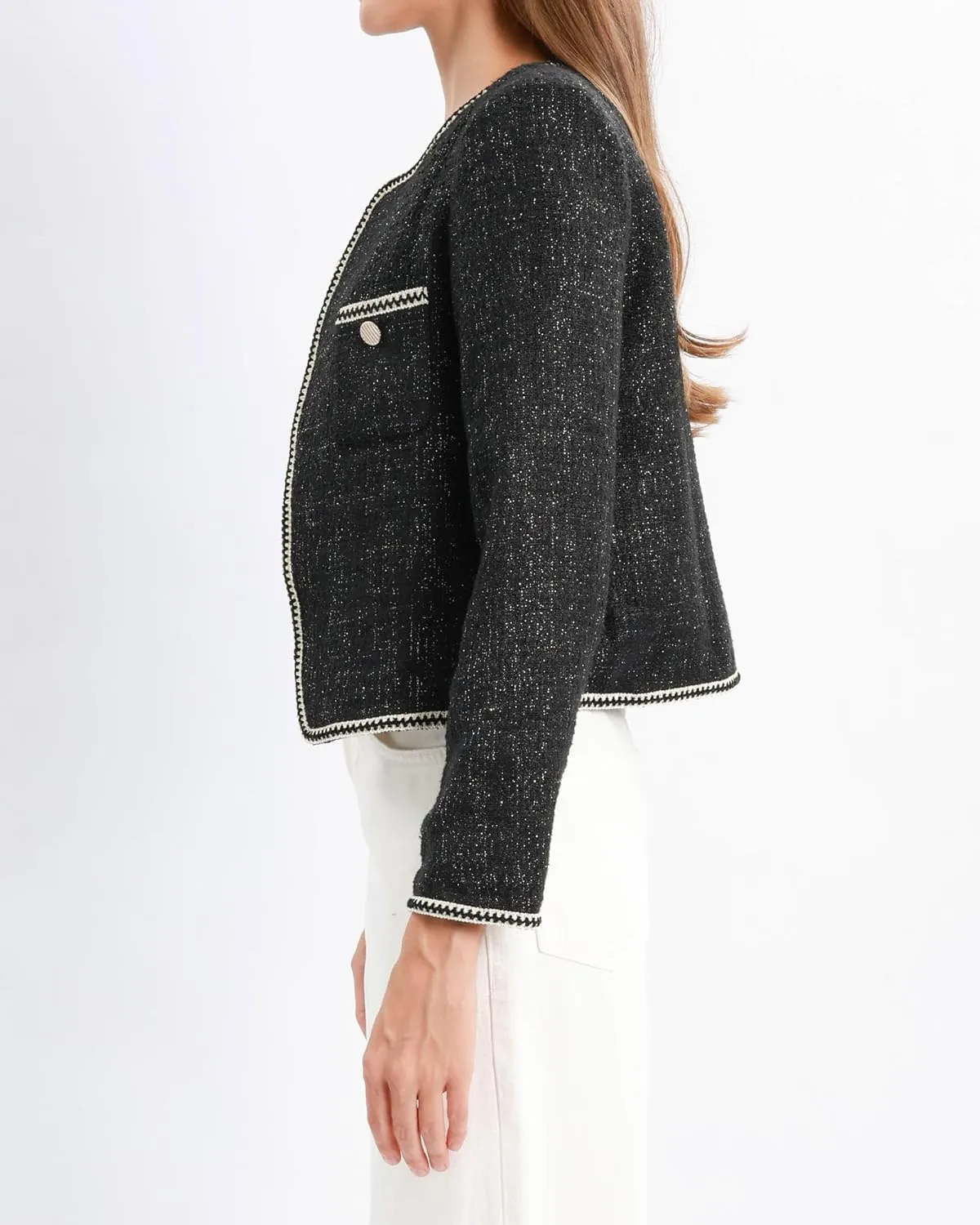Xintianji Womens Open Front Cropped Blazer Jacket - Uncollared Sparkling Yarn Pockets Long Sleeve Business Casual Blazer