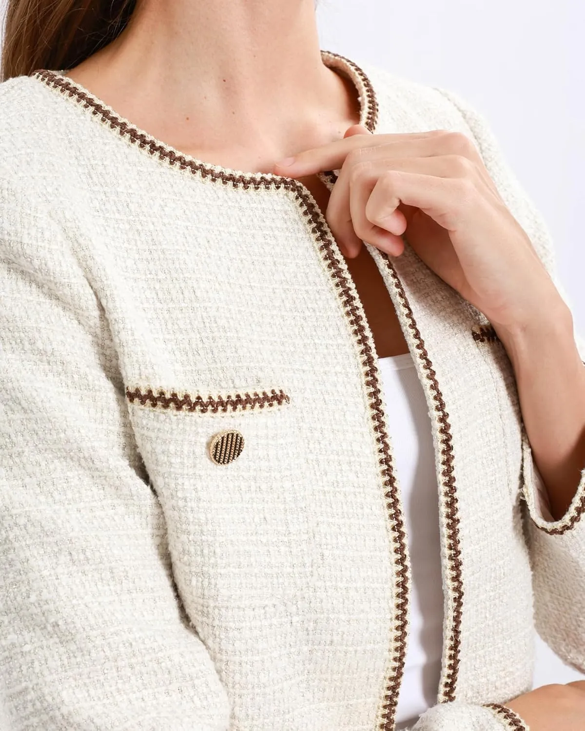 Xintianji Womens Open Front Cropped Blazer Jacket - Uncollared Sparkling Yarn Pockets Long Sleeve Business Casual Blazer