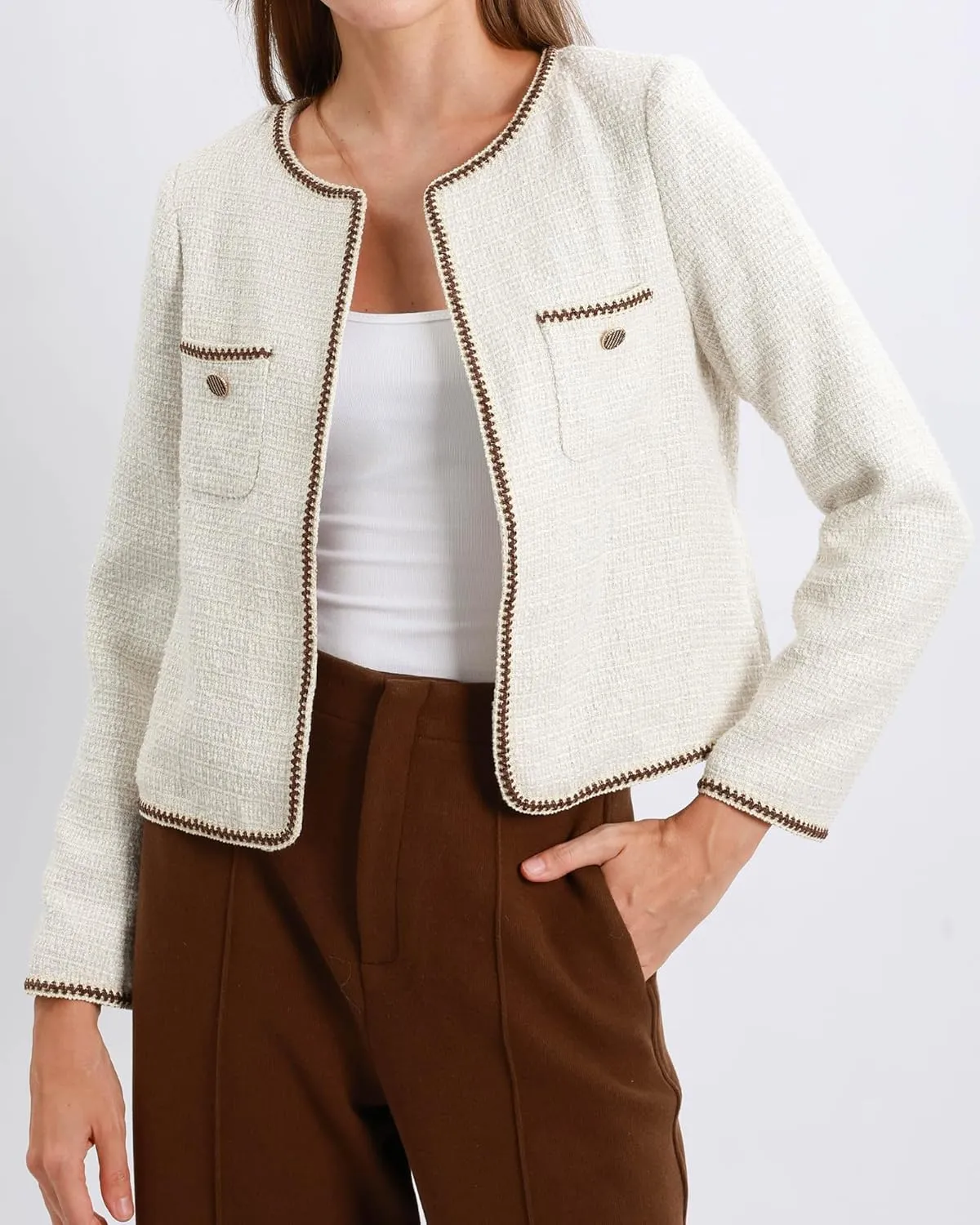 Xintianji Womens Open Front Cropped Blazer Jacket - Uncollared Sparkling Yarn Pockets Long Sleeve Business Casual Blazer