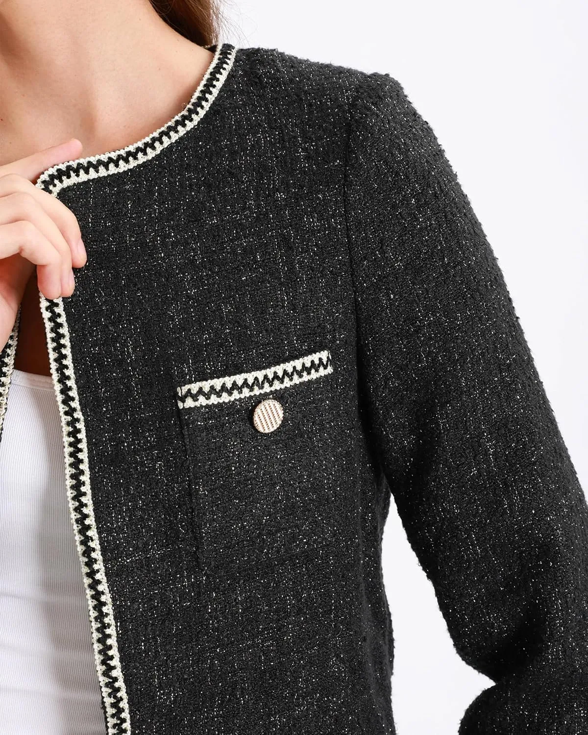 Xintianji Womens Open Front Cropped Blazer Jacket - Uncollared Sparkling Yarn Pockets Long Sleeve Business Casual Blazer