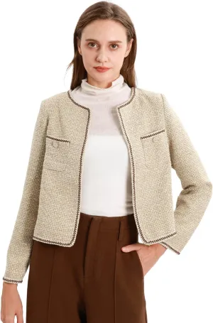 Xintianji Womens Open Front Cropped Blazer Jacket - Uncollared Sparkling Yarn Pockets Long Sleeve Business Casual Blazer