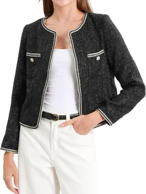Xintianji Womens Open Front Cropped Blazer Jacket - Uncollared Sparkling Yarn Pockets Long Sleeve Business Casual Blazer
