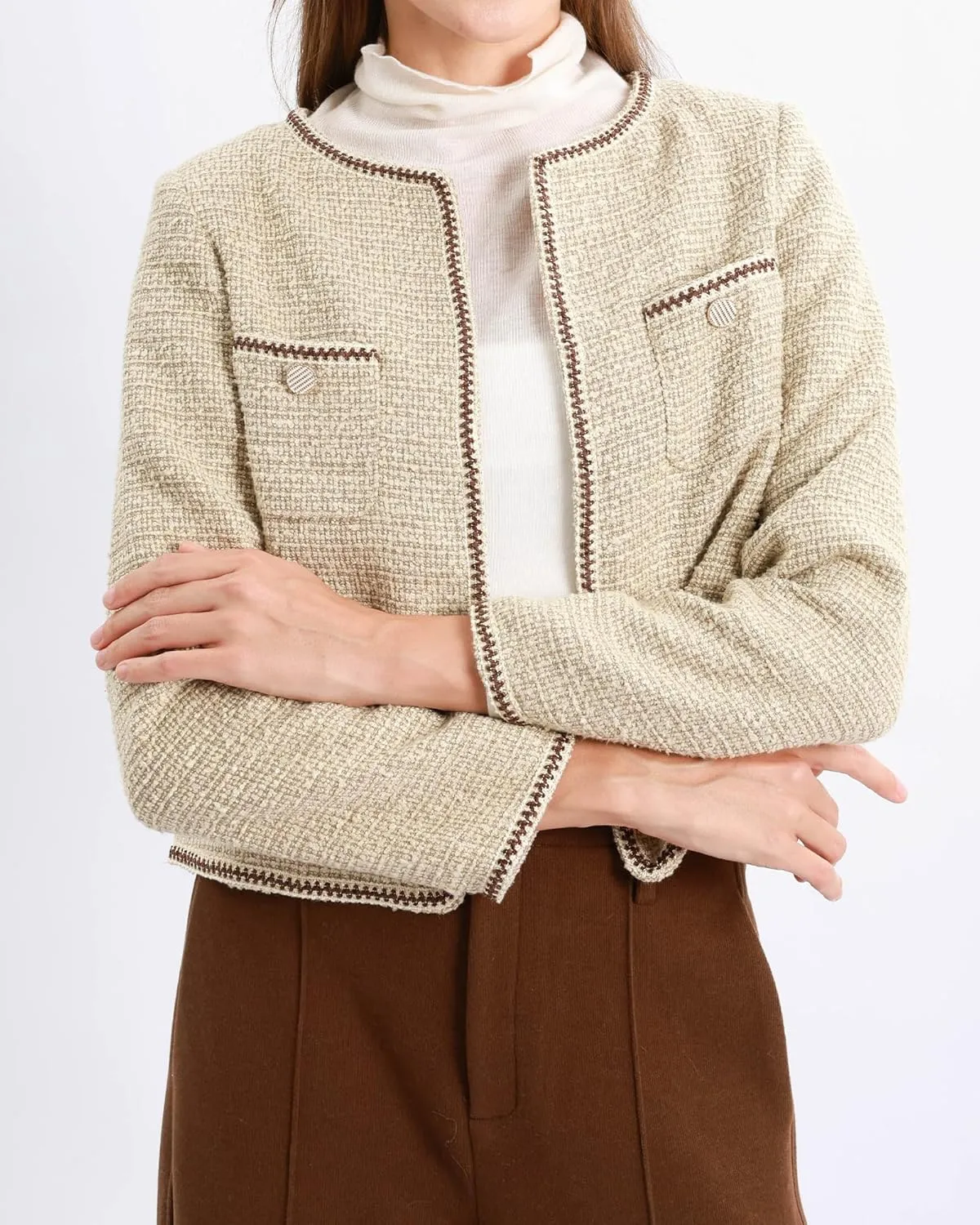Xintianji Womens Open Front Cropped Blazer Jacket - Uncollared Sparkling Yarn Pockets Long Sleeve Business Casual Blazer