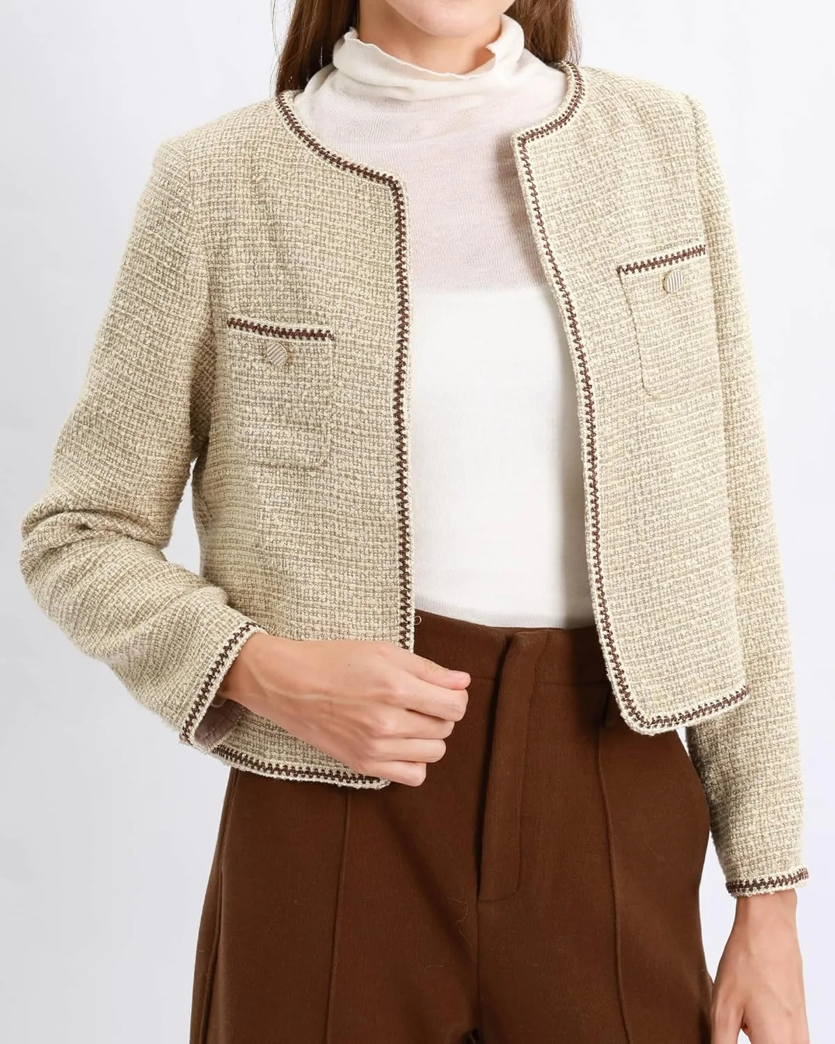 Xintianji Womens Open Front Cropped Blazer Jacket - Uncollared Sparkling Yarn Pockets Long Sleeve Business Casual Blazer