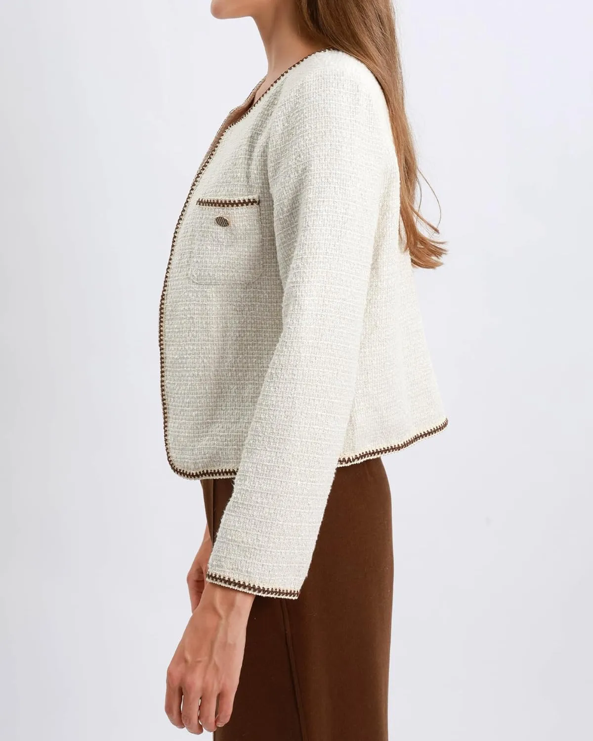 Xintianji Womens Open Front Cropped Blazer Jacket - Uncollared Sparkling Yarn Pockets Long Sleeve Business Casual Blazer