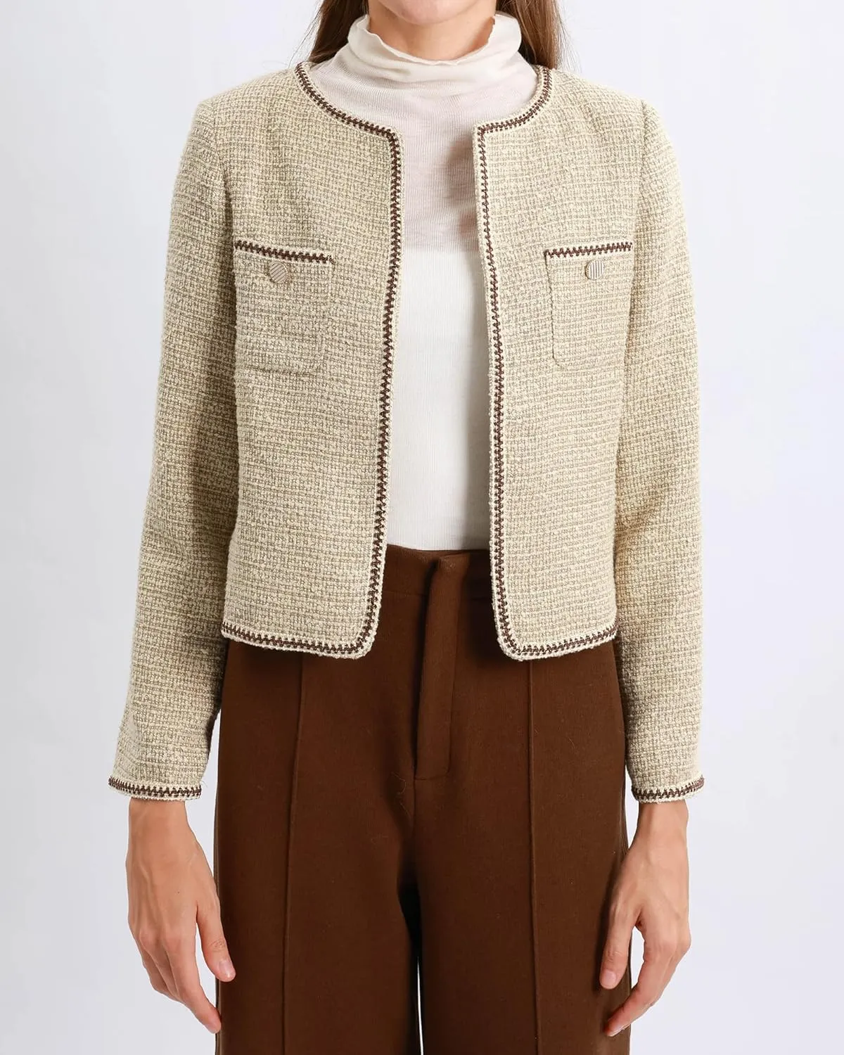 Xintianji Womens Open Front Cropped Blazer Jacket - Uncollared Sparkling Yarn Pockets Long Sleeve Business Casual Blazer