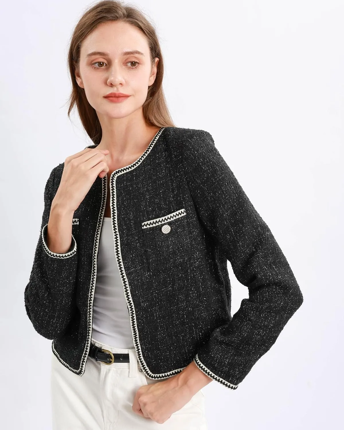 Xintianji Womens Open Front Cropped Blazer Jacket - Uncollared Sparkling Yarn Pockets Long Sleeve Business Casual Blazer