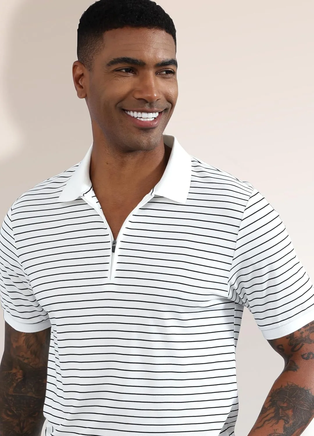 ZTN Men's Polo Shirts Short Sleeve Dry Fit Performance Moisture Wicking Zipper Golf Polo Shirts Striped Daily Casual T-Shirt